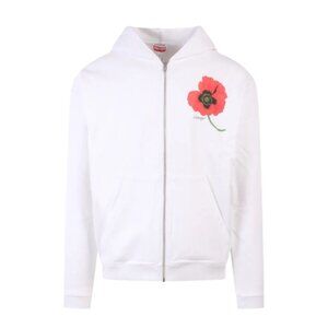 Kenzo Paris XL Zip-Up Hoodie Poppy Graphic Sweatshirt White Seasonal RP $450